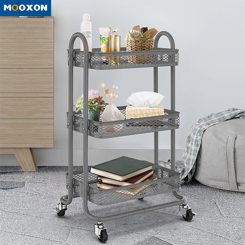 Durable 3-layers Floor-standing Kichen Metal Cosmetic Storage Cart Floor-Standing Trolley