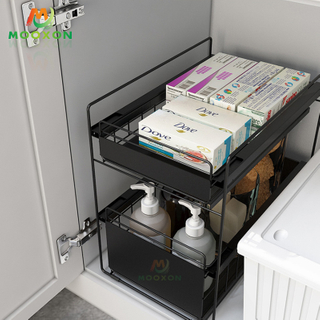 2 Tier Kitchen Storage Shelf Stackable Under Sink Rack Metal Cabinet Drawer Basket 