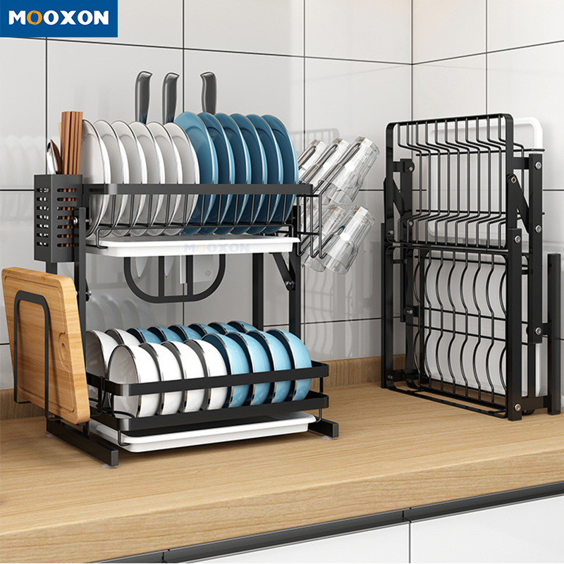 2 Tiers Foldable Storage Drainer Plate Holder Drying Dish Rack ，MX-B06