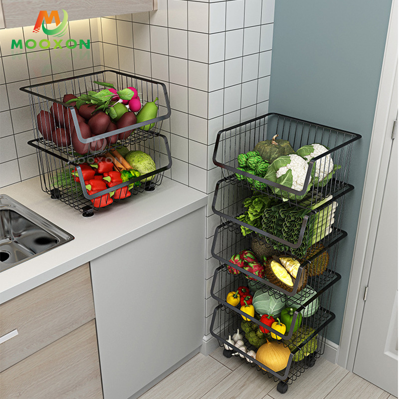 Kitchen Storage 3 Tier Black Wire Vegetables Fruit Organizer Rolling Stackable Metal Basket